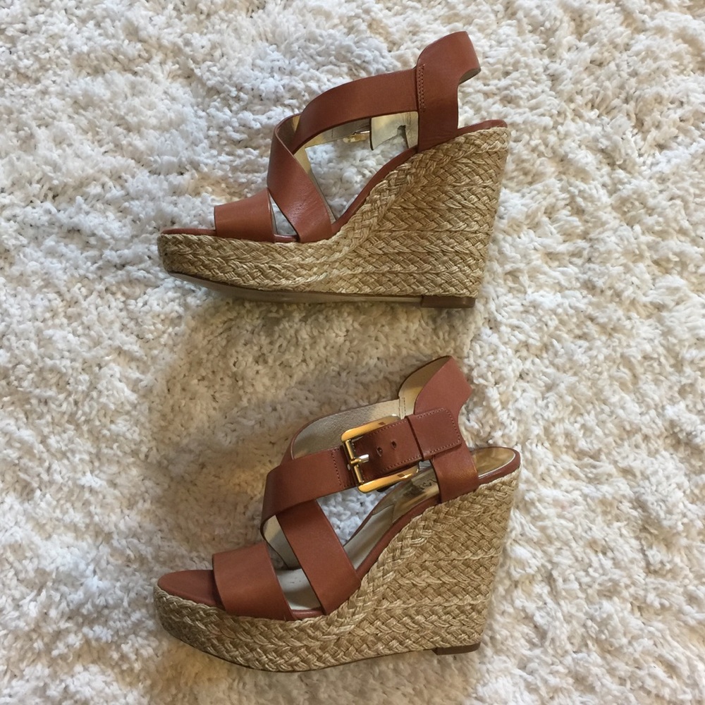 Michael Kors Size 6 Brown Leather Wedge Sandals